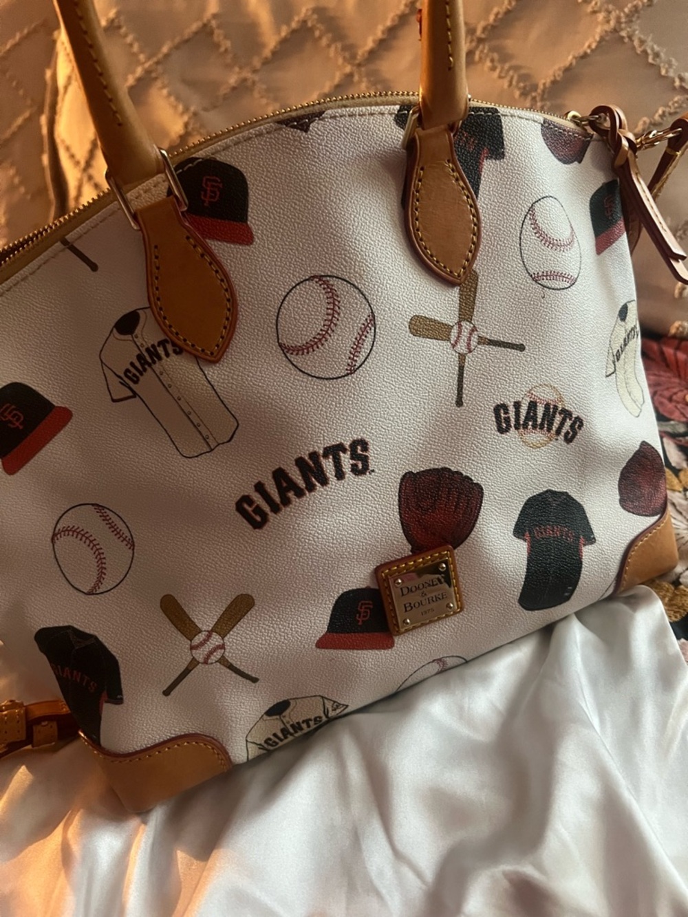 Dooney & Bourke White Baseball Print Satchel with Tan Trim